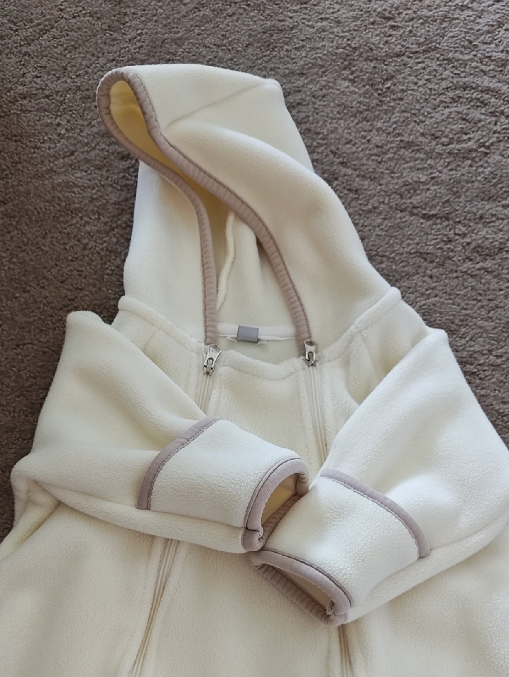 Baby Cream Hooded Fleece Jacket with Taupe Trim